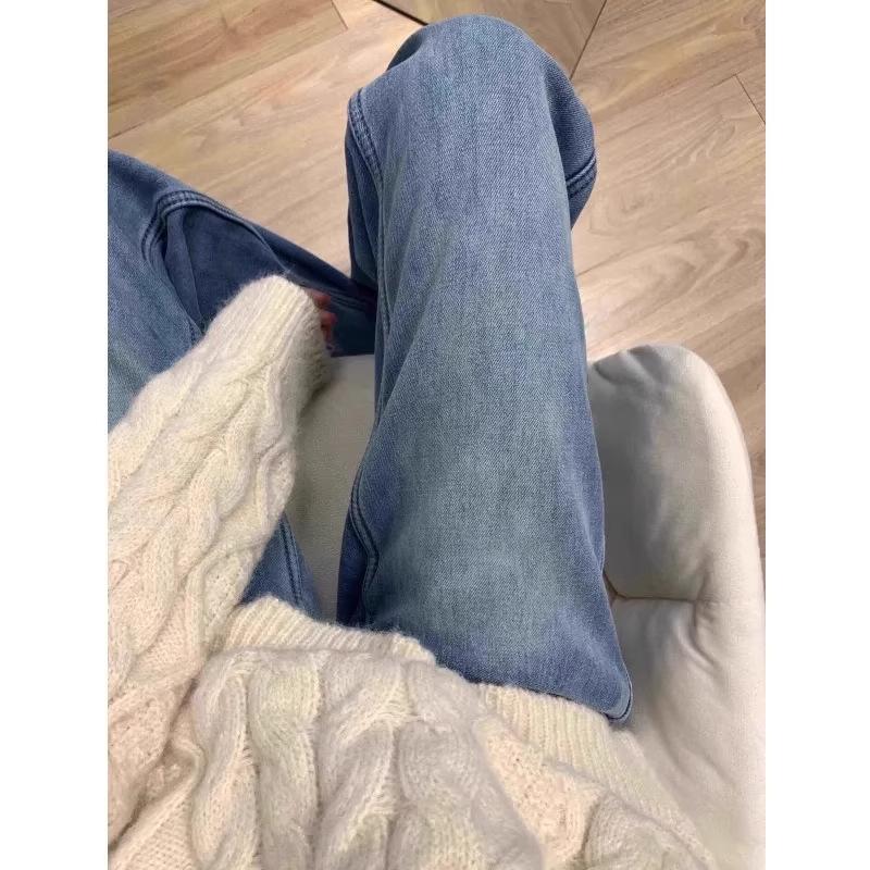 High-waisted blue velvet thickened straight jeans women's autumn m slim pear-shaped body wide-leg trousers