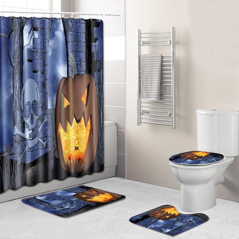 Halloween Shower Curtain Floor Mat Three-Piece Combination Set, Living Room Sand Absorbent Carpet, Bedroom Non-Slip Door Mat