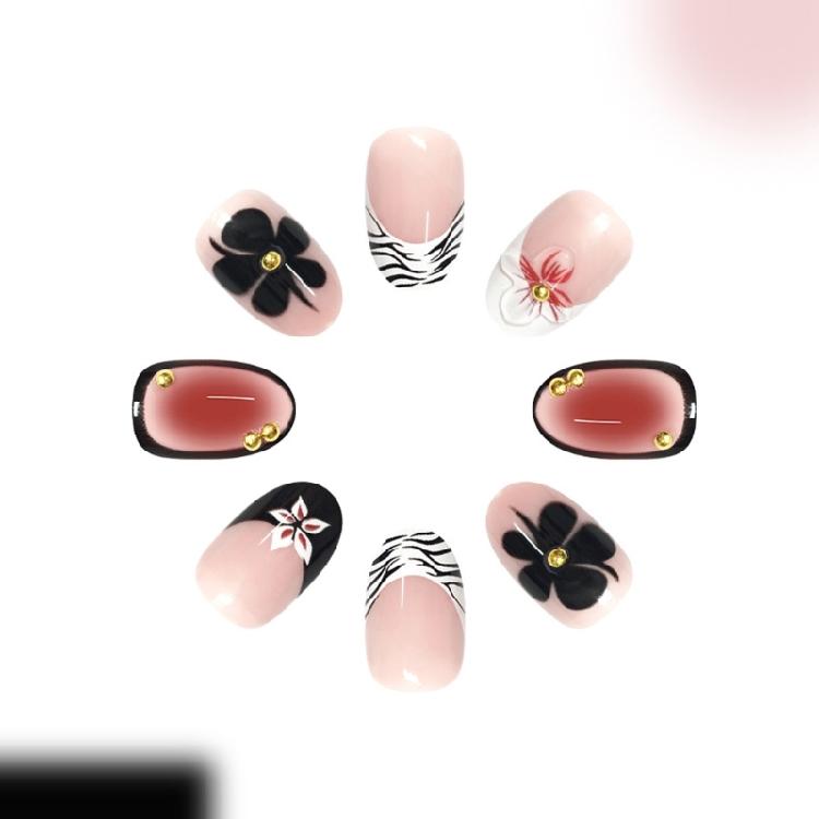 Pack of 1 Fashionable Artificial Nail with Short Length Glossy Oval Leopard French Daily Parties Manicure