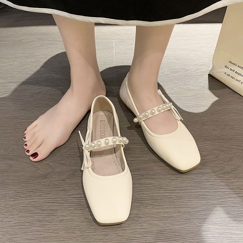 Fashion Mary Jane Women's Shoes 2025 Summer New Korean Version Fashion Shallow Mouth Flat Style Pearl Soft Bottom Small Pu Leather Shoes