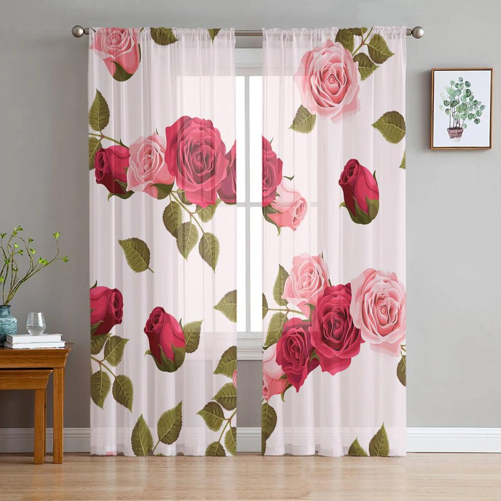 Valentine'S Day Flower Red Rose Flower Tulle Curtains for Living Room Kitchen Sheer Voile Curtain Bedroom Window Panels