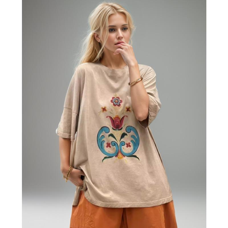 

DIMANAF, лето 2024, женская хлопковая футболка больших размеров, винтажные свободные базовые футболки с принтом в китайском стиле, одежда