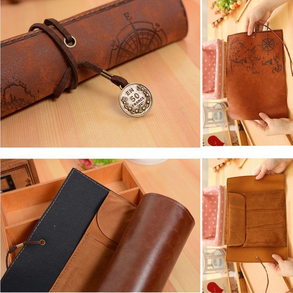 Treasure Map Roll Case Bag Purse Pouch Cosmetic Make Up PU Bag Leather Pen Pencil Case for School