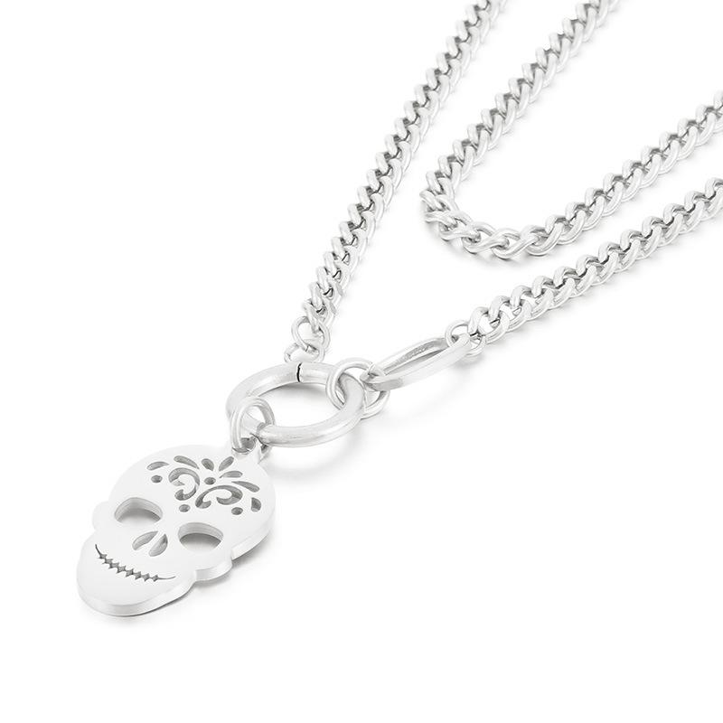 Stack with Double -sided Cuban Chain Titanium Steel Skull Necklace