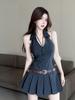 Pure Desire Sexy Backless Halter Denim Dress: Slim Fit French Pleated Summer Skirt for Women