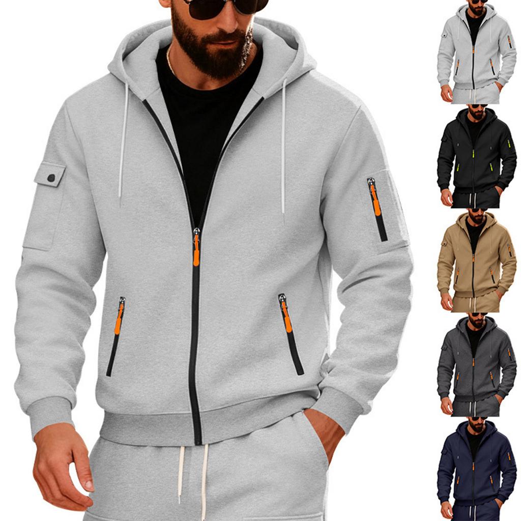 Men's Loose Hooded Zipper Arm Pocket Cardigan Men's Sports Casual Sweatshirt Jacket