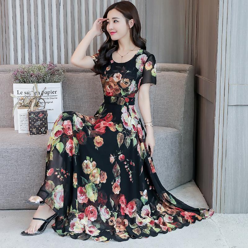 Damen Plus Size Koreanisches Sommerkleid mit Print, weiterem Saum und Rundhalsausschnitt