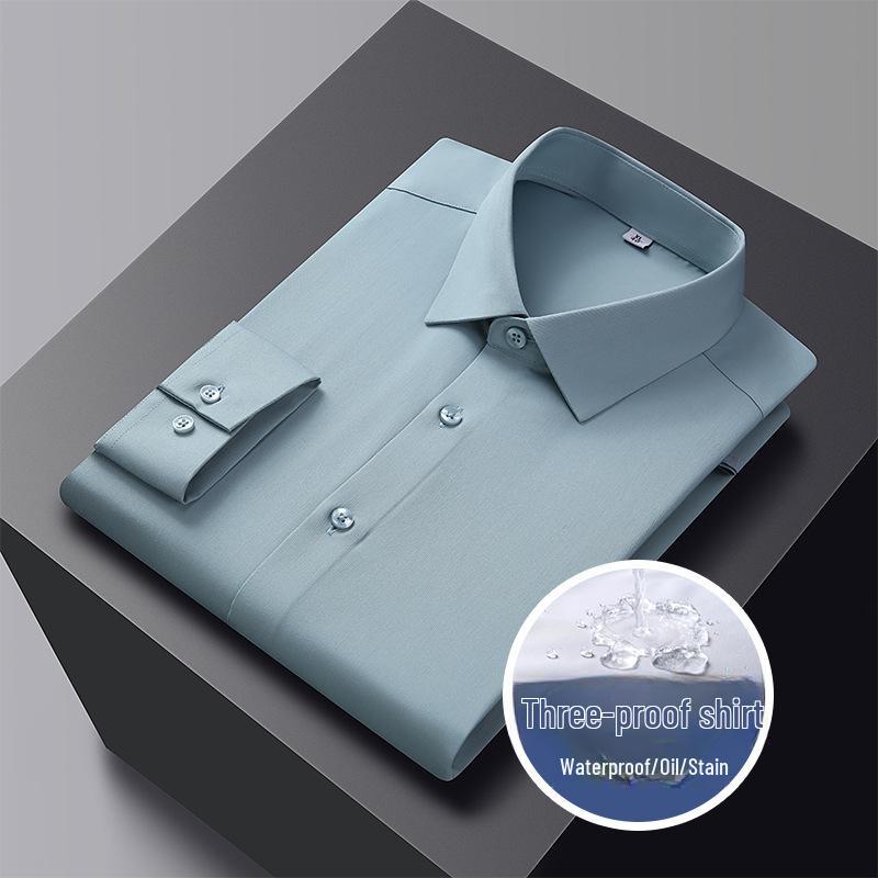 Men's Solid Color Three-Proof High-End Stretch Shirt - Non-Iron, Long Sleeve, Professional Formal Wear, Spring Collection.