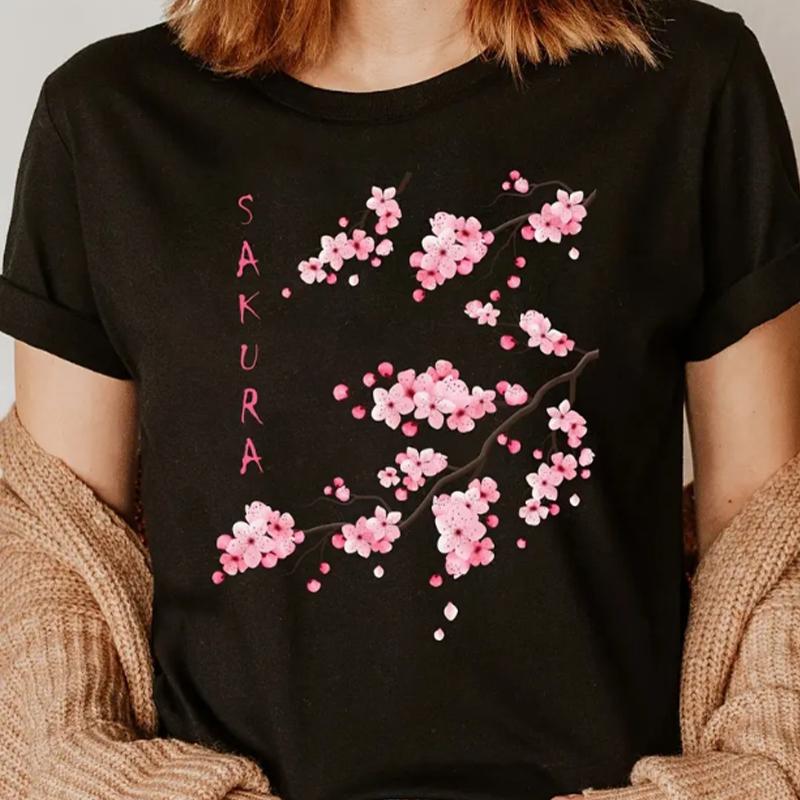 

Модная женская футболка с красивым принтом вишневых цветов, забавная повседневная футболка с круглым вырезом и короткими рукавами, летняя женская футболка 3XL чёрный