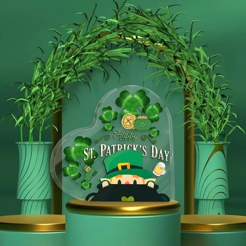 2D Flat, St. Patrick's Day Heart Shaped Acrylic Desktop Decoration, Leprechams&Shamrocks Pattern Design, Suitable for Wall Decoration, Porch, Room, Vi