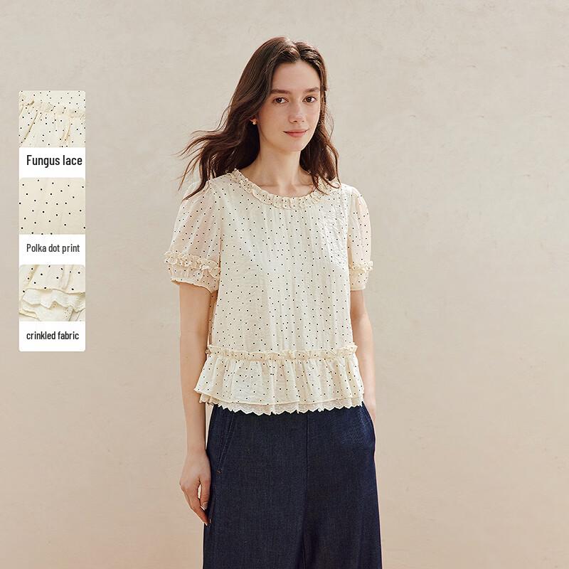 INMAN French Polka Dot Ruffle Short Sleeve Blouse S