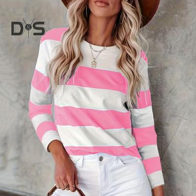 Women Pullover Tops Color Block Striped Print Round Neck Long Sleeve Sweatshirt Casual Blouse Daily Wear
