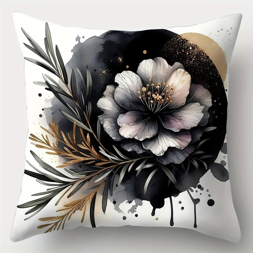 Black, White And Gold Luxurious Floral Pillowcase For Living Room Sofa Zippered Decorative Pillowcase Pillow Core Not Included