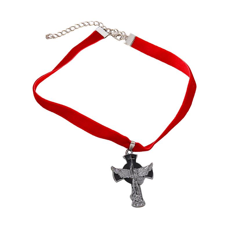 Alloy Gothic Skull Cross Necklace with Ribbon Pendant: Electroplated for a Unique Halloween Style