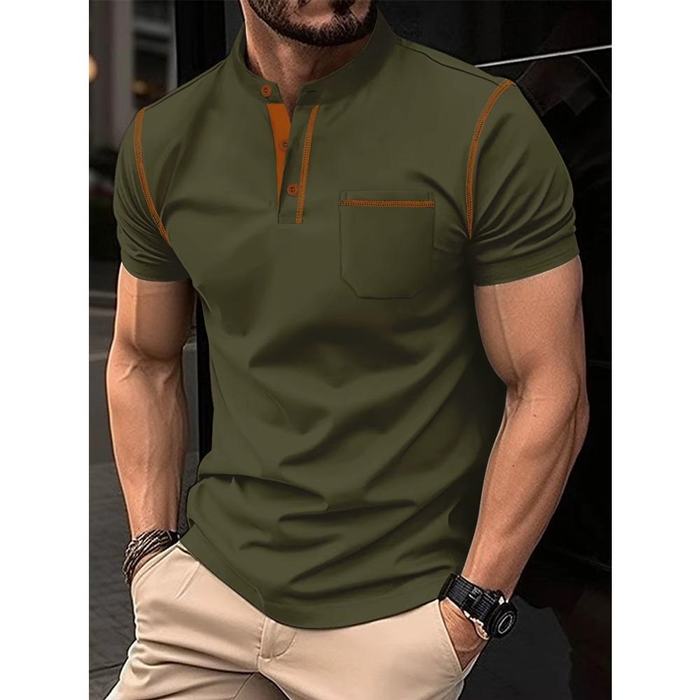 New Summer Men's Short-sleeved POLO Shirt, Stand Collar Pocket Men's Linen Pullover Monochrome Sliver, Slim Street Hot Sale,