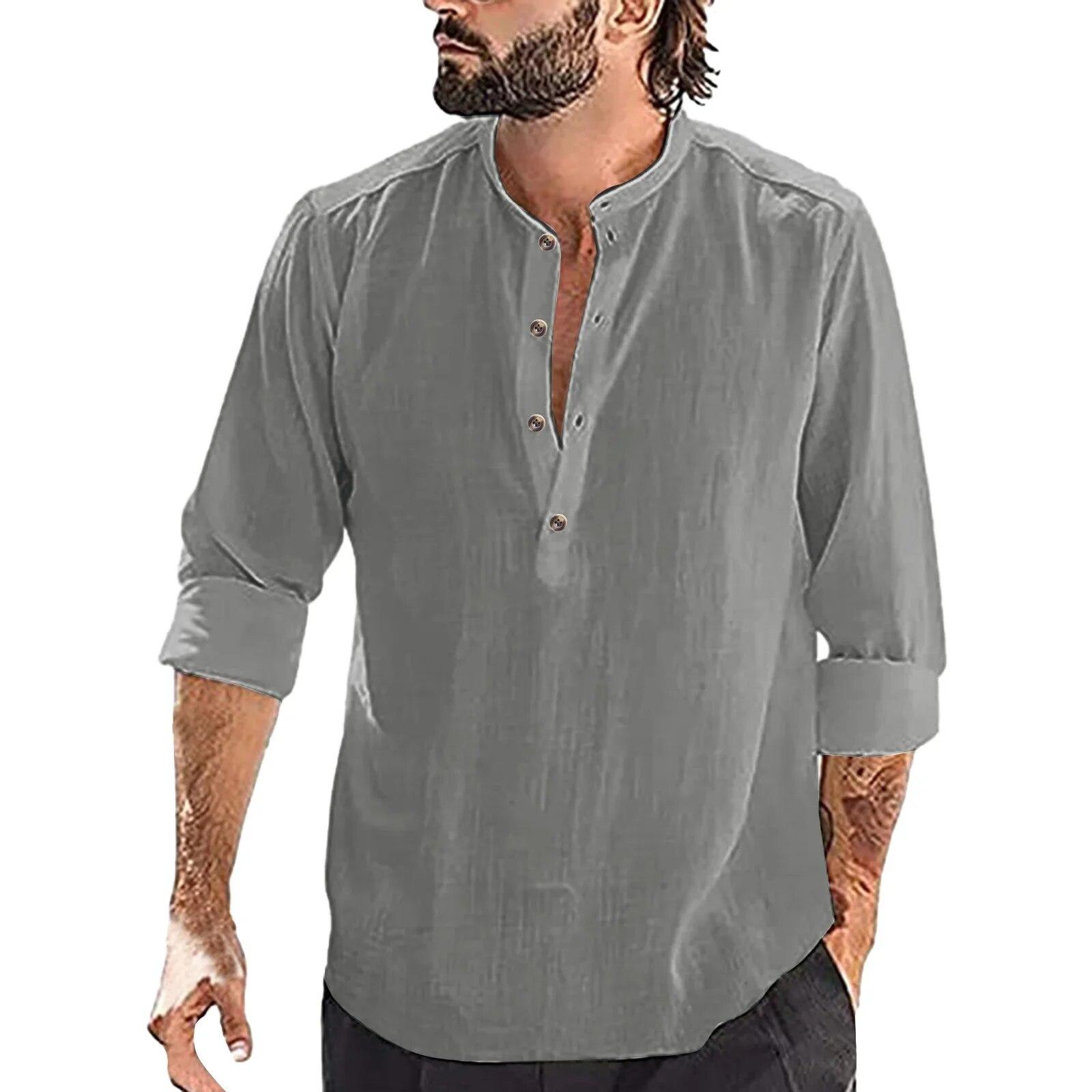 

2026 Men Buttons Stand Collar Blouse Cotton Linen Shirt Loose Tops Long Sleeve Tee Shirt Spring Autumn Men s Shirts M серый