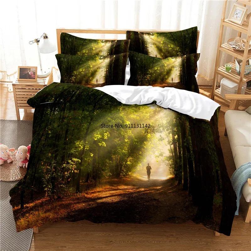 Modernes Bettwäscheset mit digitaler Waldlandschaft und 3D-Modedesign, Daunenbettbezug und Kissenbezug, 2–3-teilig, Heimtextilien