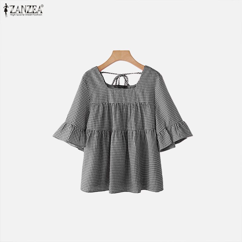 ZANZEA Women Casual Square Collar Plaid Print Loose 3/4 Sleeve Blouse