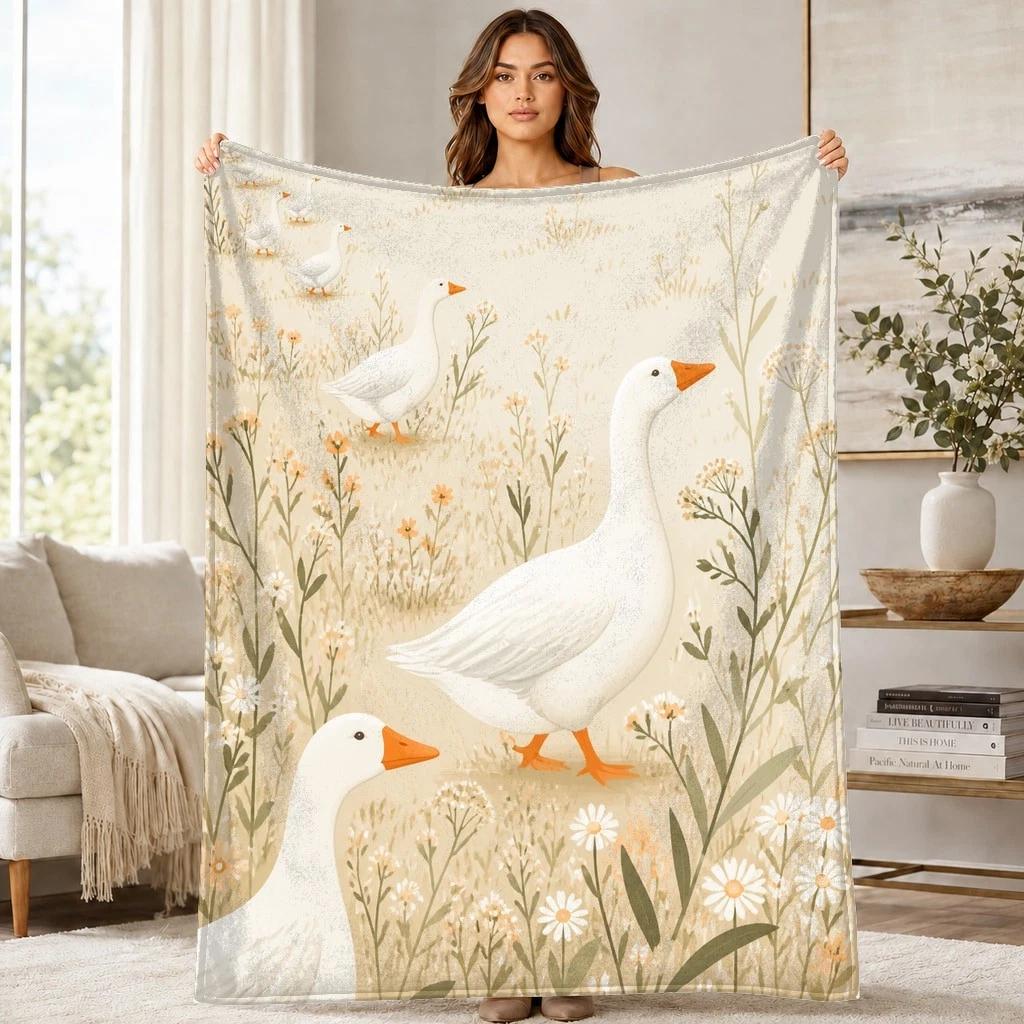 White Geese Wildflower Meadow Coral Fleece Blanket Farmhouse Decor