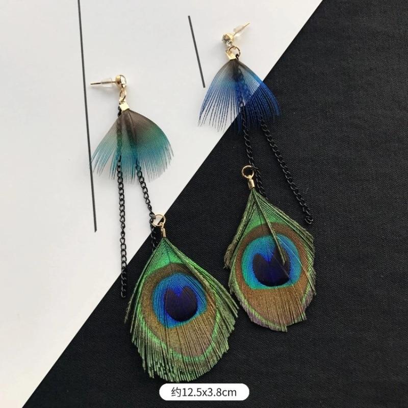 Retro Peacock Feather Fringed Earrings Women's Bohemian Fashion Elegant Temperament Versatile Long Earrings