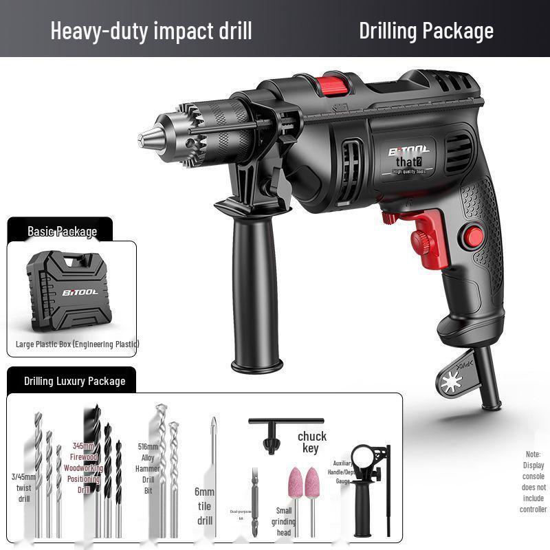 220V Multifunction Handheld Electric Drill & Screwdriver with Pistol Grip, Hammer & Power Tool Functions.
