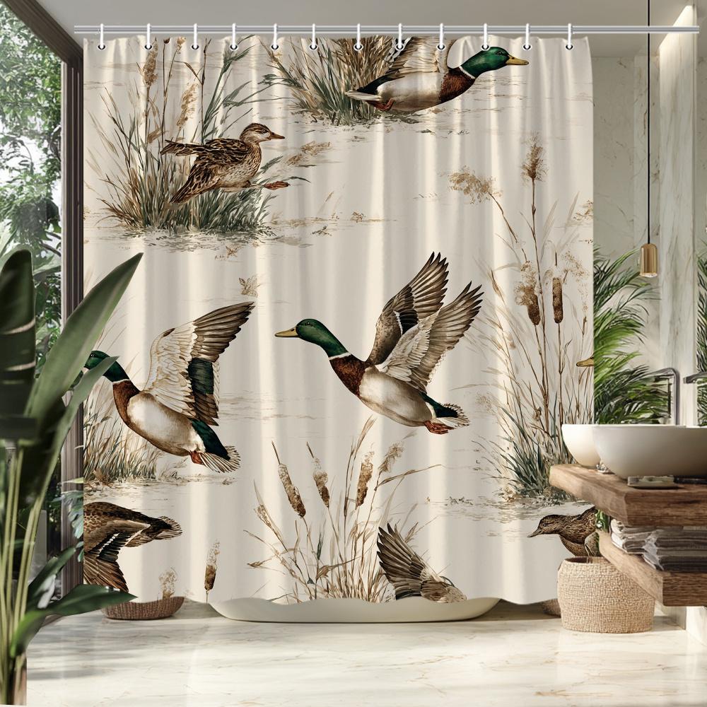 1pc Rustic Farmhouse Duck Shower Curtain with Flying Mallards and Reeds Nature Theme Bathroom Decor Bath Divider Hanging Curta 90x180cm