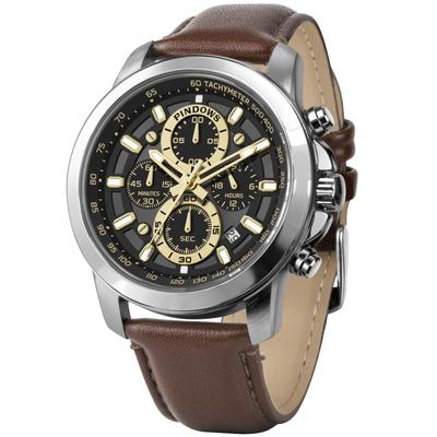 PINDOWS Multifunction Chronograph Quartz Watch, Black Case, Black Band, Orange Face, for Fashion, Business, and Casual Wear