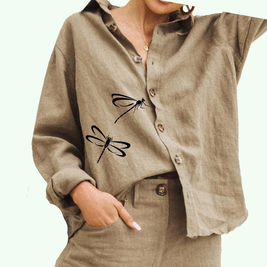 

Женская модная блузка с воротником-лацканом, женская повседневная рубашка из хлопка и льна с принтом на пуговицах 3XL хаки