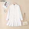 VONDA Women Lapel Neck Long Sleeve Solid Button Down Casual Ruffled Shirts Dress