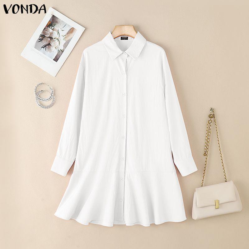 VONDA Women Lapel Neck Long Sleeve Solid Button Down Casual Ruffled Shirts Dress