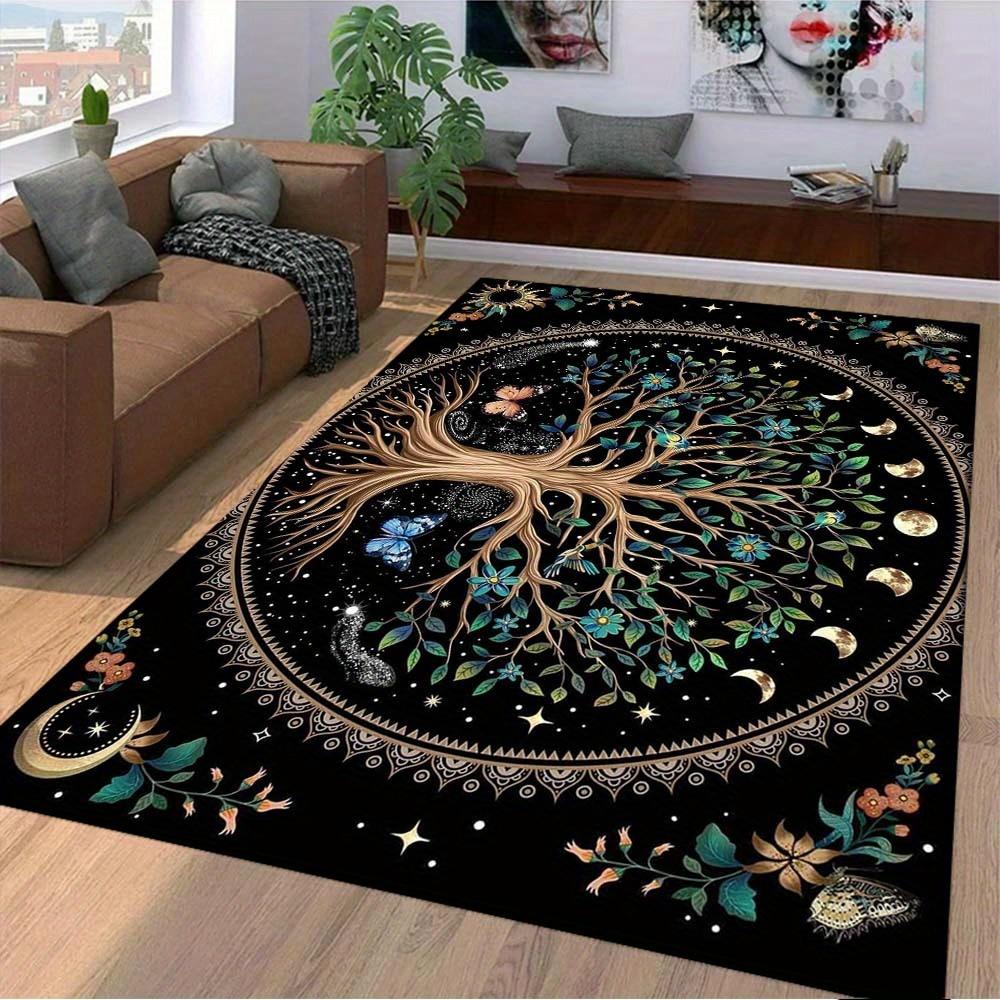 

1pc 3D Sun Moon Tree of Life Area Rug – Soft Flannel, Machine Washable, 800g/m² Crystal Velvet, Vibrant Cosmic Design with Butte 50x80cm