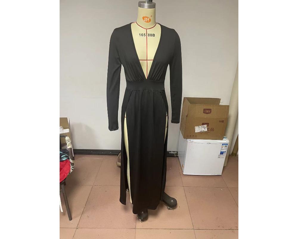 Damska Sukienka z Długim Rękawem i Dekoltem V, Jednokolorowa, z Wycięciami, Długa Sukienka