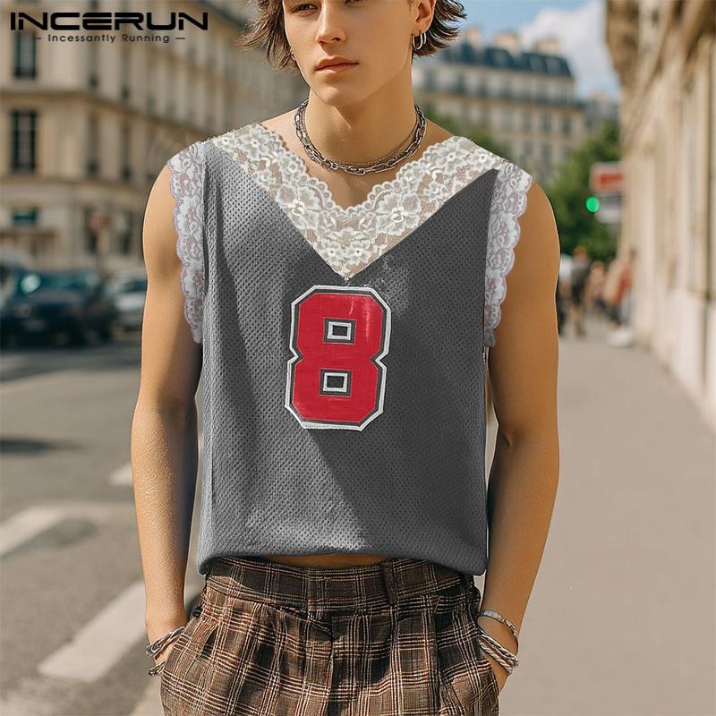 INCERUN Men Lace V Neck Sleeveless Letter Print Hollow Out Casual Tank Tops