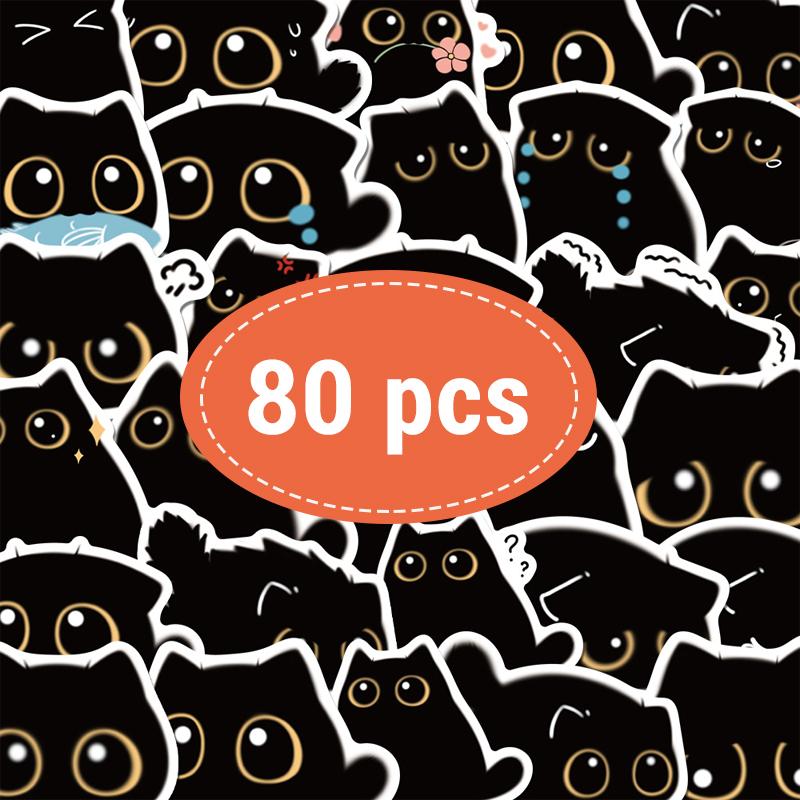 

80PCS Black Cute Cat Stickers Kawaii Black and White Sticker Pack for Water Bottles Waterproof Aesthetic Vinyl Decals Stickers