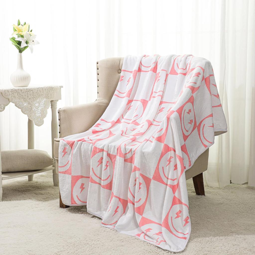 Happy Smiley Face Flannel Blanket Lunch Break Blanket Holiday Gift Pink Checkerboard Print