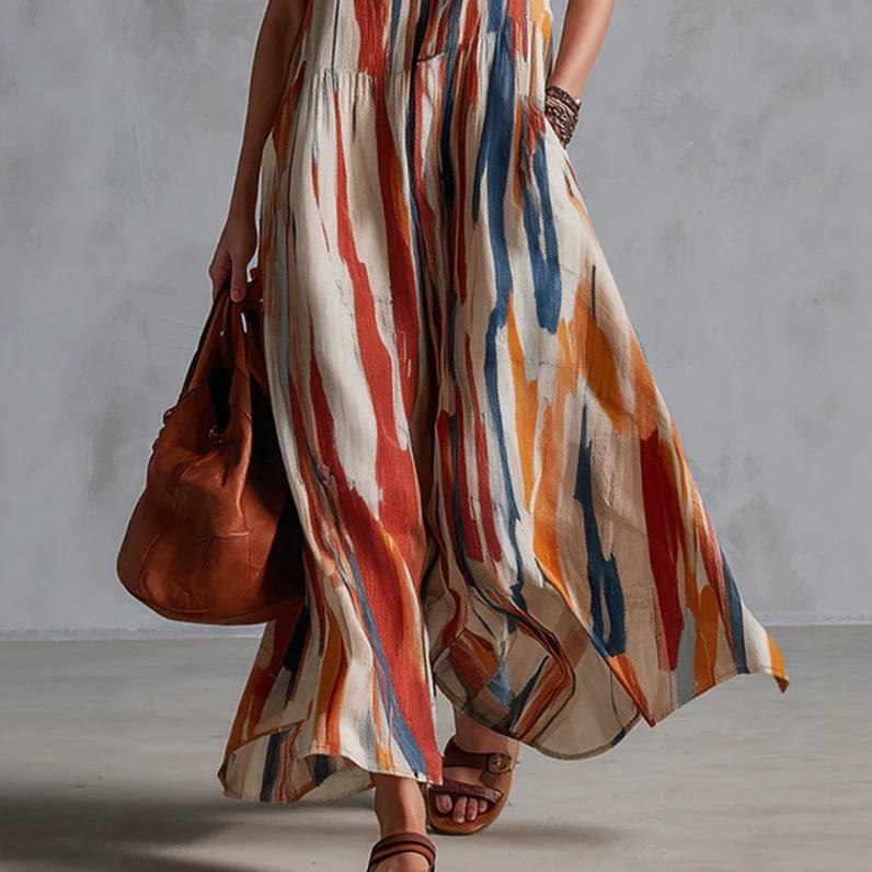 2026 European and American retro fashion beige abstract striped cotton and linen dress