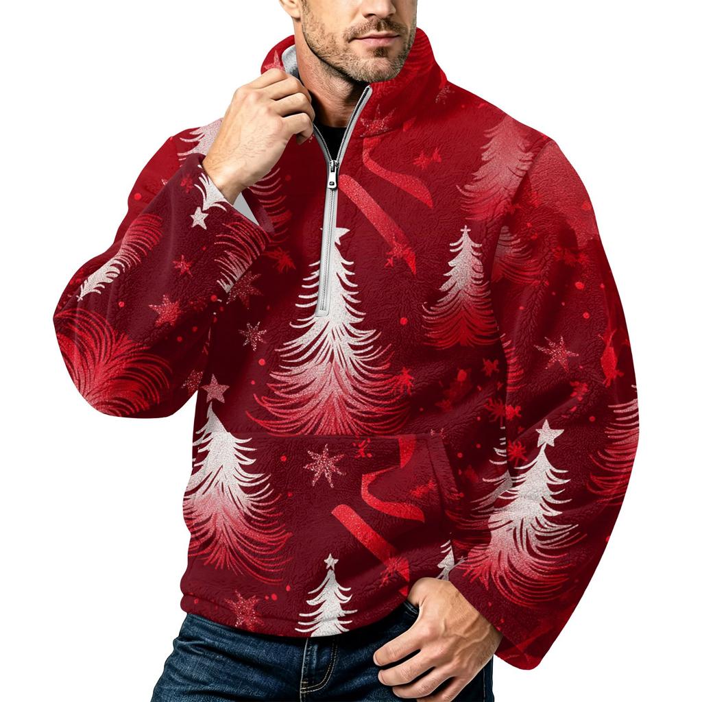 Men's Christmas Print Zip-Up Sweatshirt with Stand Collar, Plus Size Flannel Top for Fall Winter