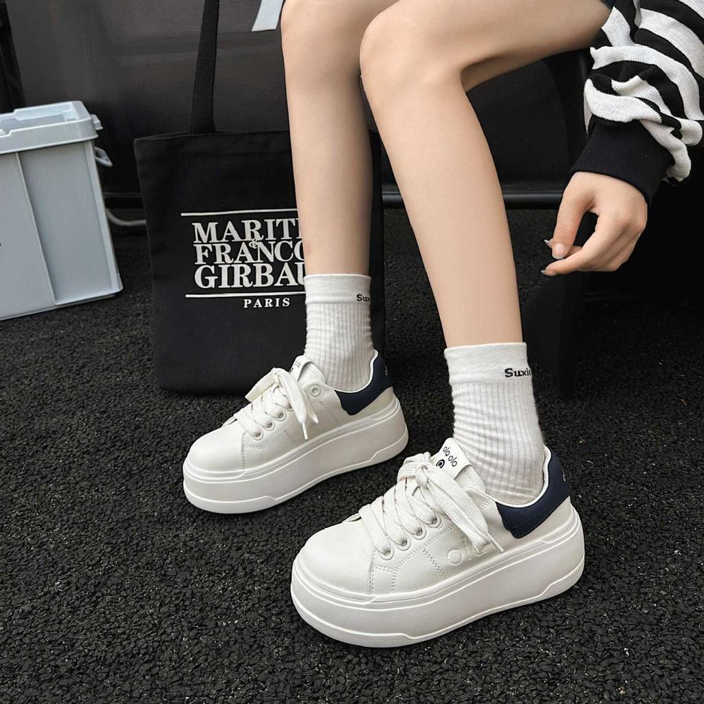 White sneakers women's 2025 spring new platform white shoes ugly cute big head bread shoes heightening casual board shoes
