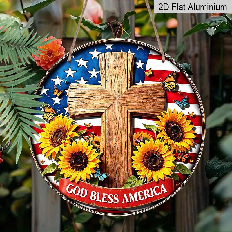 Retro Round Aluminum Wall Decor, American Independence Day Cross & Sunflower Design, Indoor Outdoor Hanging Plaque, Christian Commemorative Gift