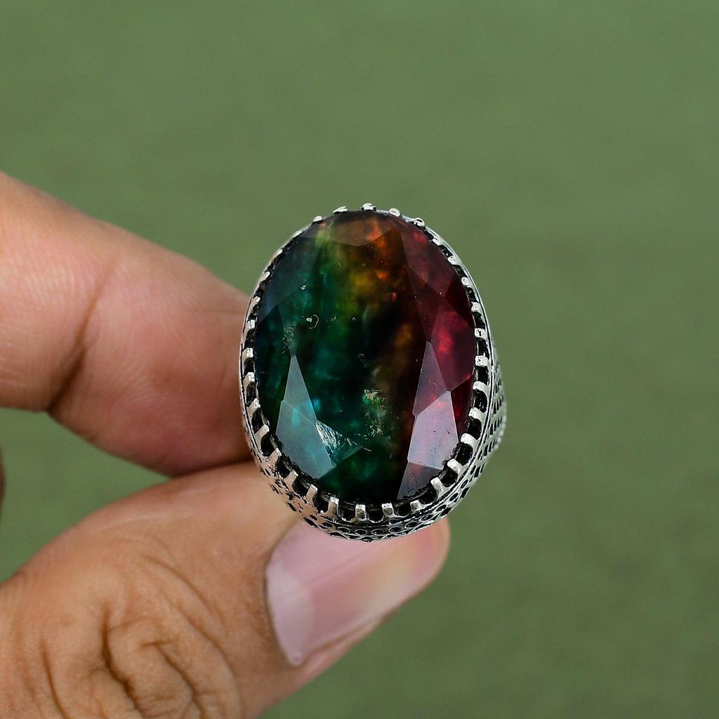 Faceted Ammolite Ring 925 Sterling Silver Ring Handmade Ring Gemstone Rings Natural Ammolite Jewelry Gifts For Mother Available In Ring Size
