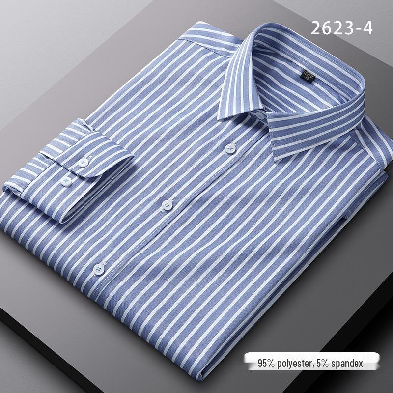 Men's Spring Easy-Care Striped Long Sleeve Stretch Slim Fit Shirt - Iron-Free Business Wear