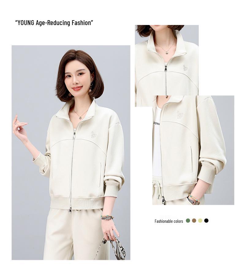 Set Sportiv Șic și Tineresc pentru Femei de Vârstă Mijlocie - Cardigan cu Gât Rotund și Hanorac Două Piese pentru Primăvară și Toamnă