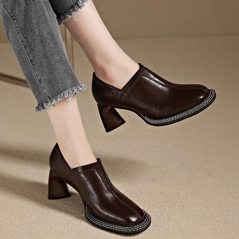 NEW Spring/Autumn Women Pumps Square Toe Chunky Heel Shoes Split Leather Shoes for Women Concise Slip-on High Heel Handmade Shoe