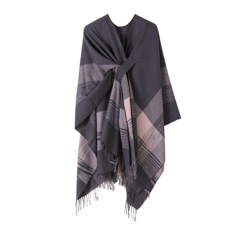 Checked Poncho Spring Outerwear for Air Conditioning Sizes EMY-li Women's Coat/Cape, (Gray, 160-135cm)
