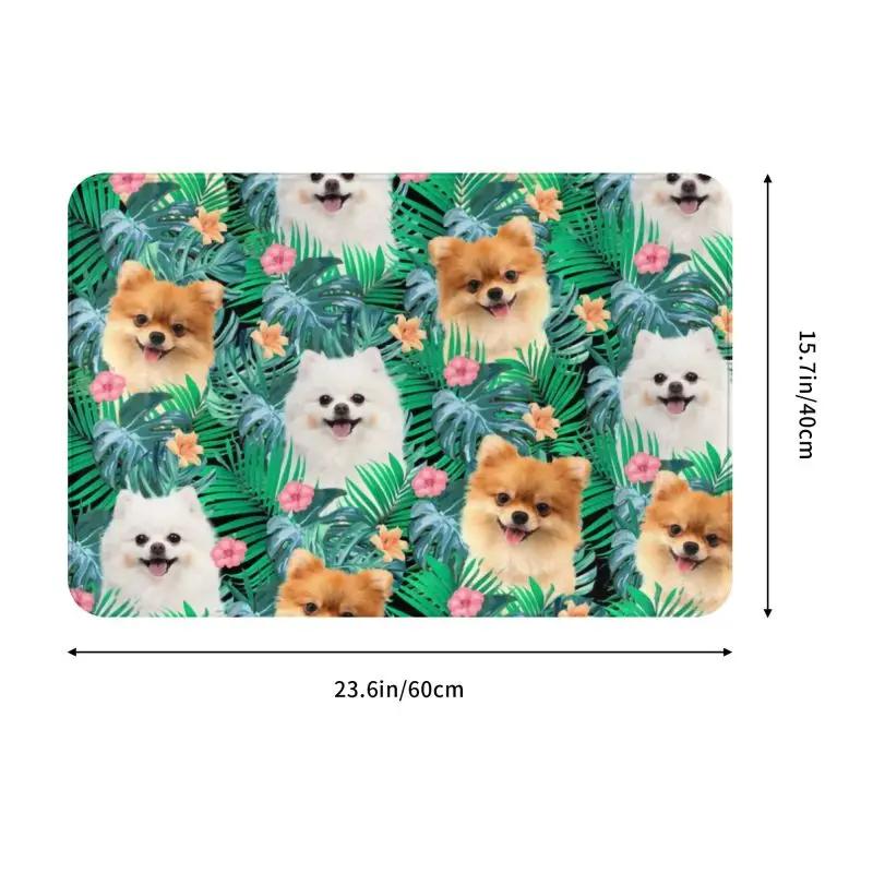 Pomeranian Dog With Summer Leaf Doormat Non-Slip Kitchen Bathroom Mat Garden Garage Floor Door Entrance Carpet Rug