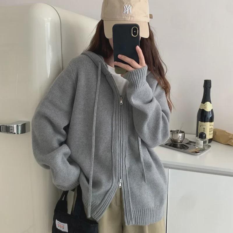 Damen Hong Kong Style Retro Kapuzenjacke – Lockere, modische Strickpullover Jacke