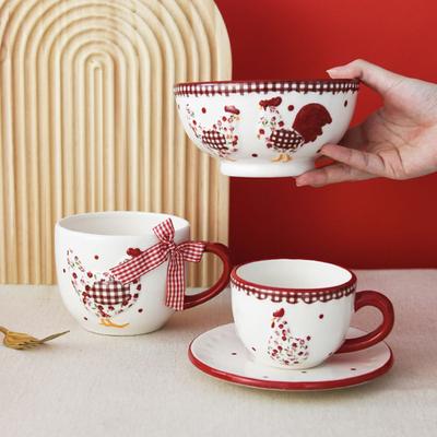 Ceramic Bowl Plate Cup Set Red Floral Roaster Cookie Jar Chicken-Shaped Biscuit Tin for Spices Sugar Snacks Farmhouse Decor Easter Gift