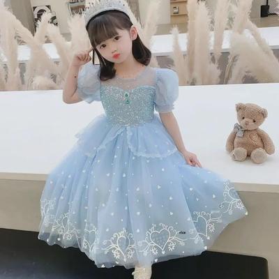 Elsa-Sommerprinzessinnenkleid für Mädchen – Kurzarm-Geburtstagskleid „Die Eiskönigin“