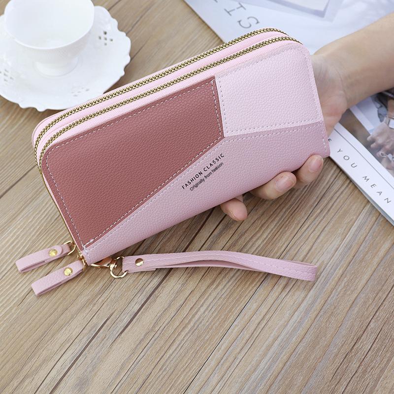 Damen-Doppelreißverschluss-Geldbörse Große Kapazität Mehrere Kartenfächer PU-Leder Handtasche Farbblockierung Kontrastierende Farbe Lange Geldbörse Null-Geldbeutel