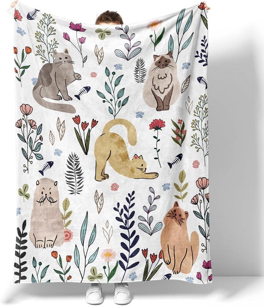 

Cute Cat & Floral Pattern Fannel Blanket Warm Soft Throw Blanket for Couch Bed Living Room Home Decor Pet Lover Gift Blankets 75x90cm
